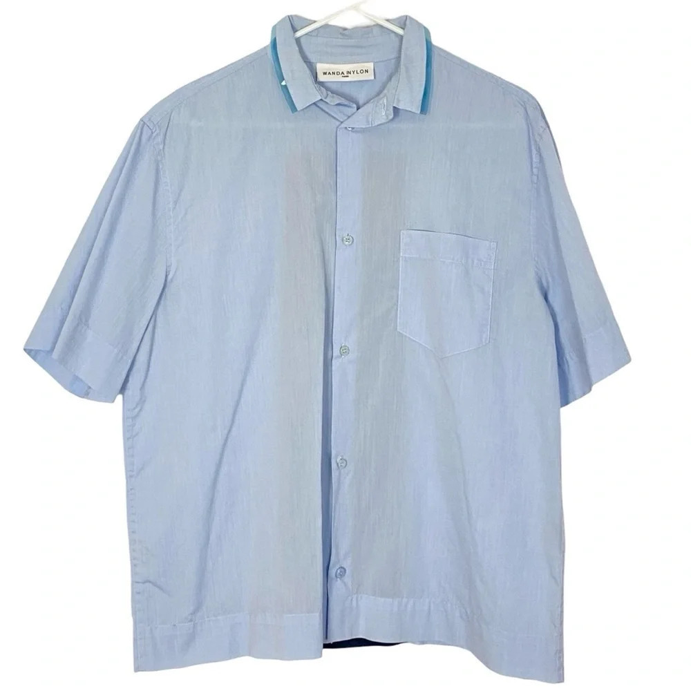 Wanda Nylon Mens Button Down Shirt Size Medium Resortwear Loose Fit Blue SS
